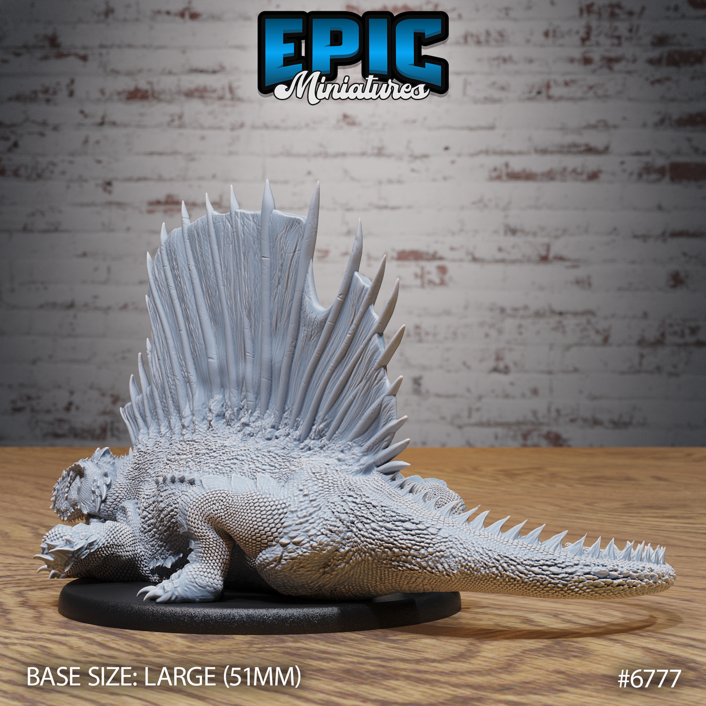 Side profile of an unpainted grey resin Dimetrodon miniature by Epic Miniatures on a 51mm black round base. The full length of the creature is visible — from open jaws and clawed forefeet to the long spine-lined tail — with the tall dorsal sail dominating the silhouette.