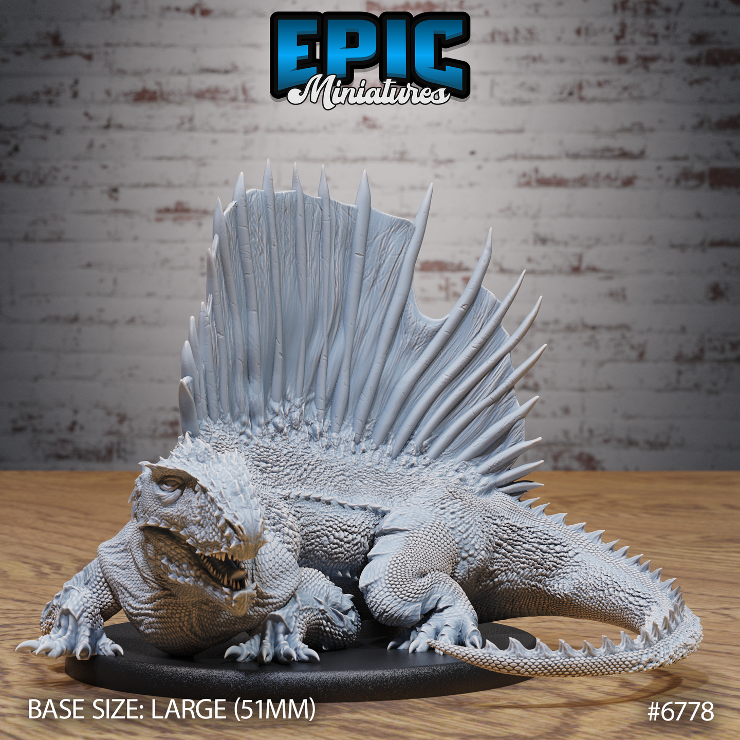Unpainted grey resin Dimetrodon miniature on a 51mm oval base, photographed from a front three-quarter angle. The creature is in a low stalking pose with jaws parted, claws spread, and a large dorsal sail of individually sculpted spine rays fanning out across its back. Scale and surface texture across the body, flanks, and belly are clearly visible.