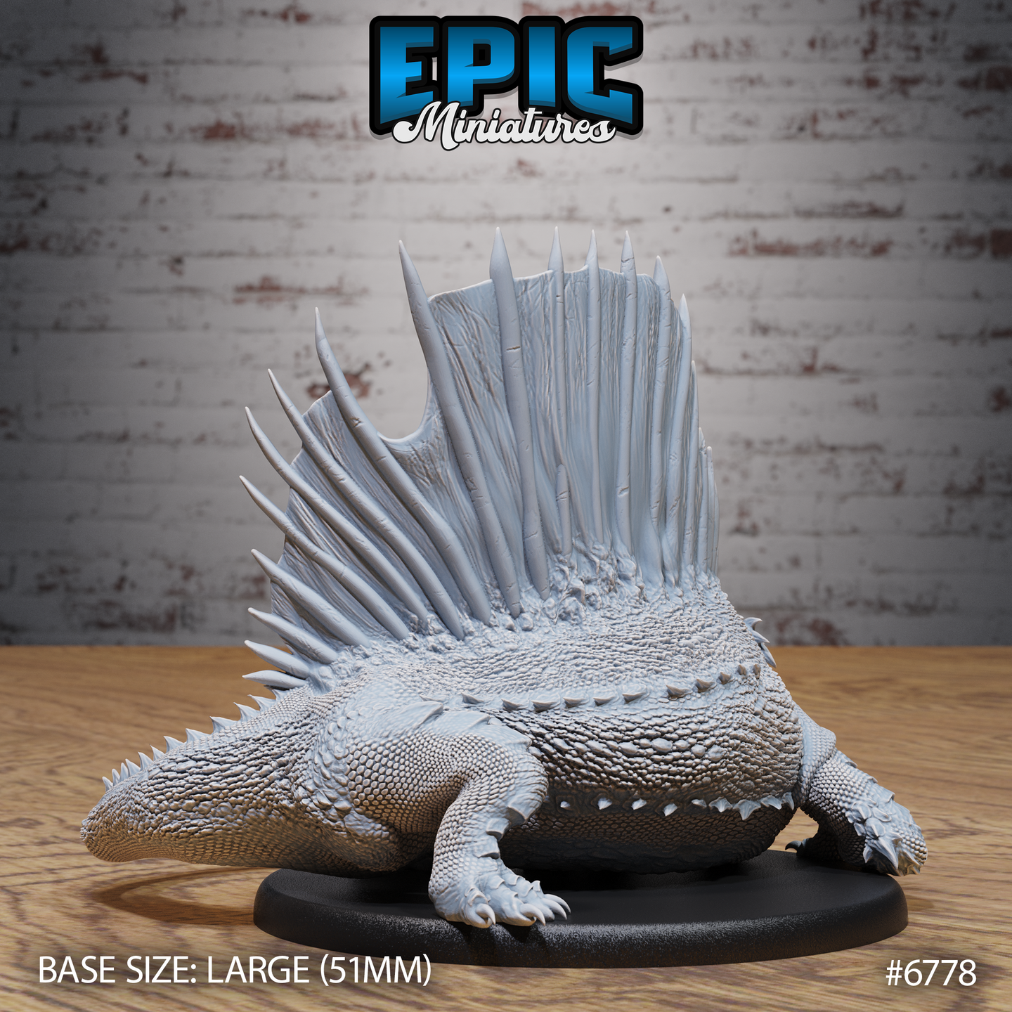 Unpainted grey resin Dimetrodon miniature on a 51mm oval base, photographed from a rear three-quarter angle showing the full height and spread of the dorsal sail. The scaled back, wide haunches, and spined tail are visible, along with the broad clawed forefoot. The sail fin rays show fine surface striations and tapered tips.