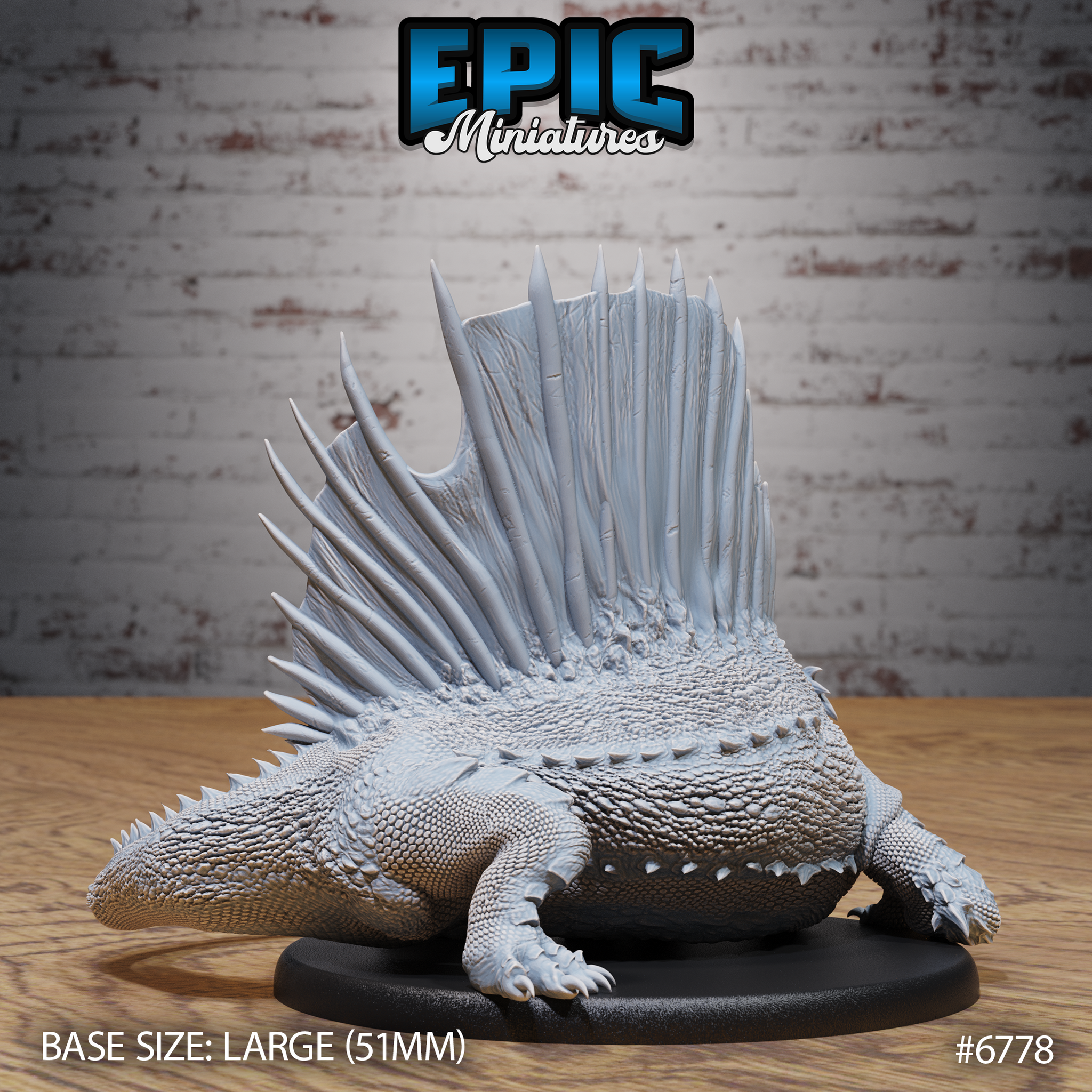 Unpainted grey resin Dimetrodon miniature on a 51mm oval base, photographed from a rear three-quarter angle showing the full height and spread of the dorsal sail. The scaled back, wide haunches, and spined tail are visible, along with the broad clawed forefoot. The sail fin rays show fine surface striations and tapered tips.