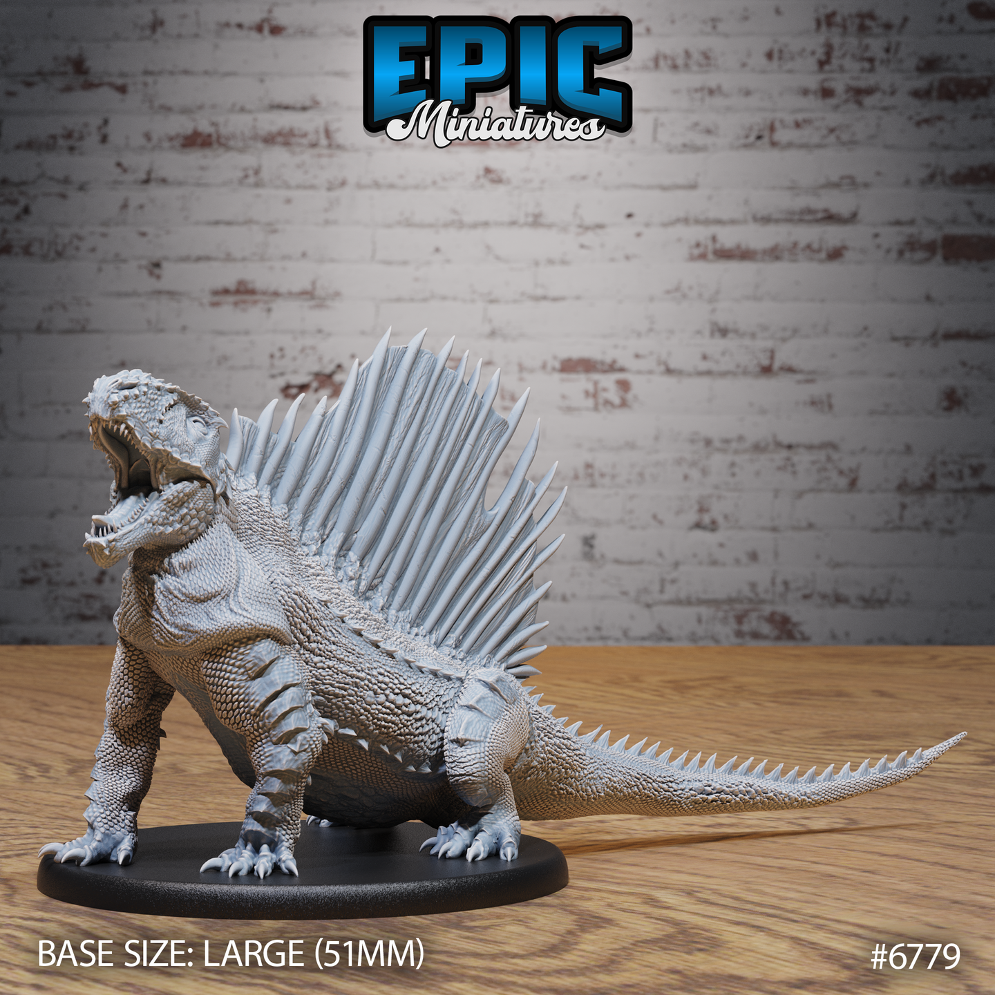 Unpainted grey resin Dimetrodon miniature from Epic Miniatures, front three-quarter view showing open jaws, serrated teeth, large dorsal sail with sharp spines, and heavily scaled body on a 51mm oval black base