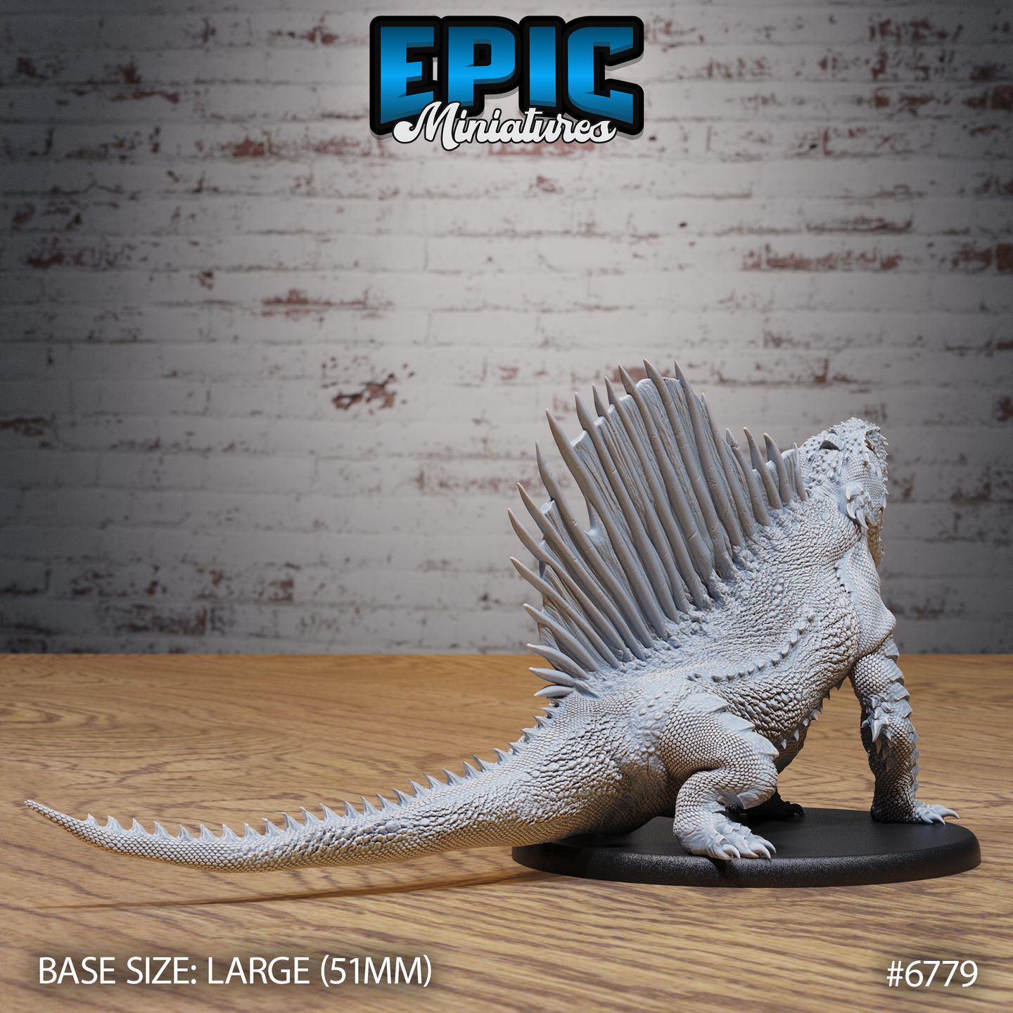 Unpainted grey resin Dimetrodon miniature from Epic Miniatures, rear three-quarter view showing the full length of the spike-ridged tail, detailed scale texture across the flanks, and the dramatic fan of elongated dorsal spines from behind