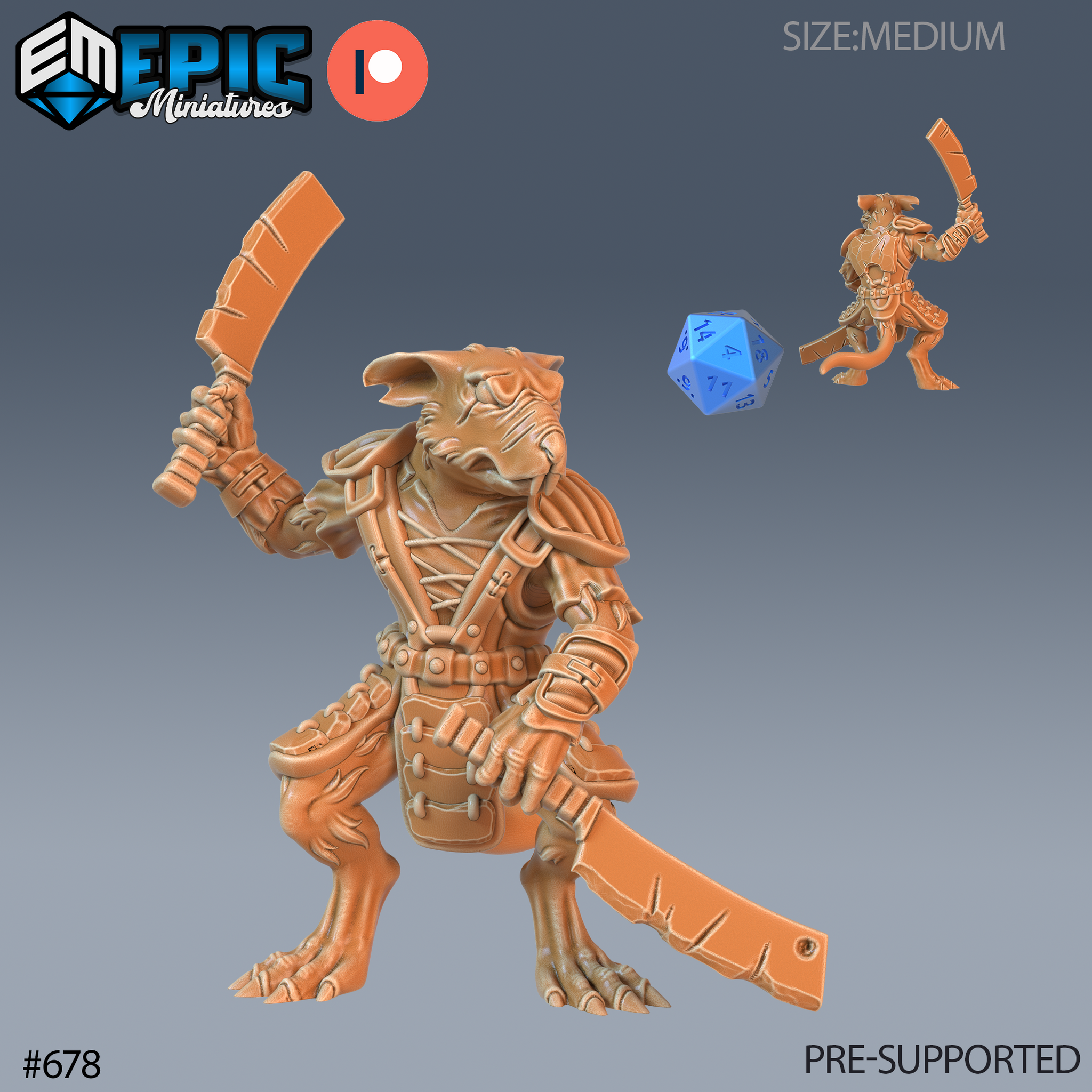 Digital render of the Rat Butcher 32mm resin miniature by Epic Miniatures — an upright ratfolk warrior in layered leather armour and buckled bracers, dual cleavers raised in an aggressive attack pose, mouth open in a snarl, with a scale comparison to a D20 and a smaller reference silhouette in the background