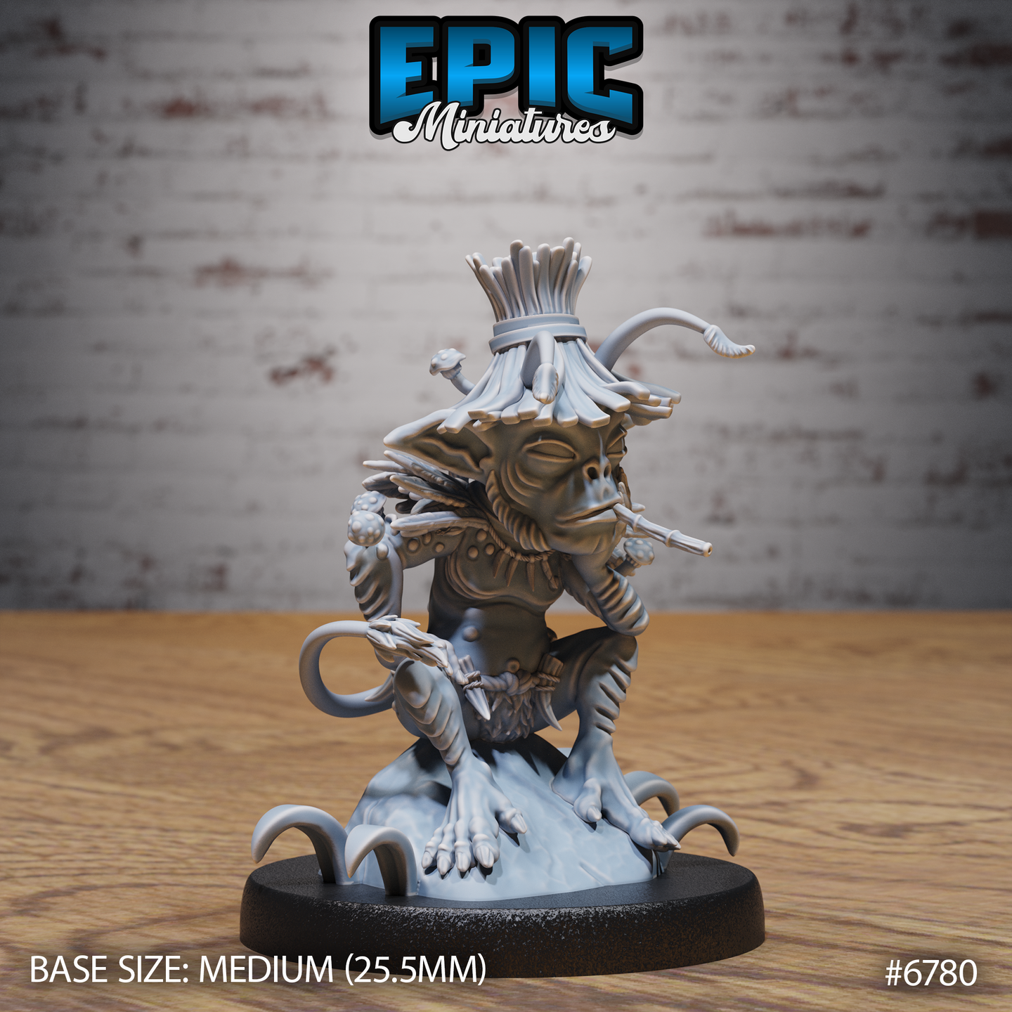 Front view of an unpainted grey resin Jungle Goblin miniature by Epic Miniatures — a crouching goblin shaman with a tall reed headdress, a pipe or blowdart clenched in its teeth, bead necklaces, and quill-decorated armour, perched atop a sculpted root and tendril base. Medium 25.5mm base. Catalogue number 6780.