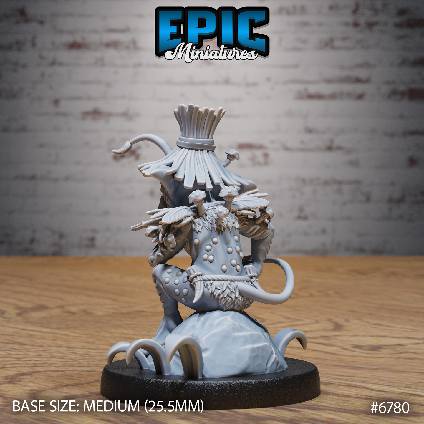 Rear view of the same unpainted grey resin Jungle Goblin miniature showing mushrooms growing along the goblin's shoulders and spine, rope-bound armour panels, a curling tail, and the detailed root mound base with curved tendrils. Medium 25.5mm base. Epic Miniatures catalogue number 6780.