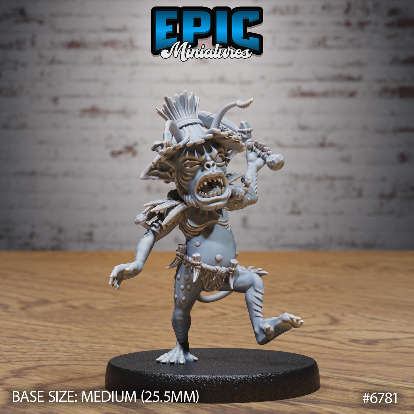 Unpainted grey resin 32mm miniature of a jungle goblin mid-attack — wide-mouthed battle cry, bone club raised, feather and horn ritual headdress, rope belt with fetishes, one clawed foot raised mid-stride, on a 25.5mm round black base