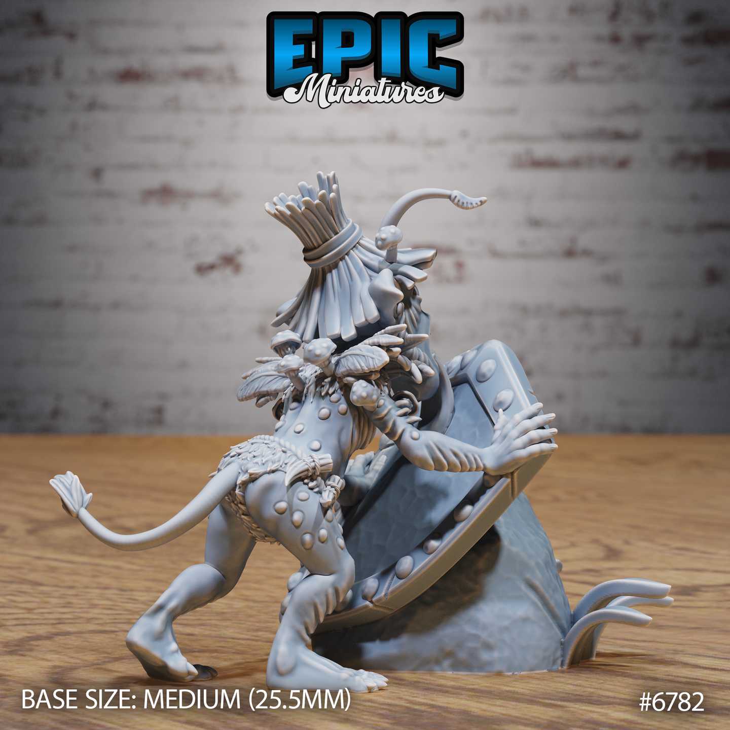 Rear view of unpainted grey resin jungle goblin miniature showing dramatic fan-like feather headdress, long wiry tail, spotted hide, and tribal layered decorations, gripping a large shield — Epic Miniatures sculpt #6782, 25.5mm medium base