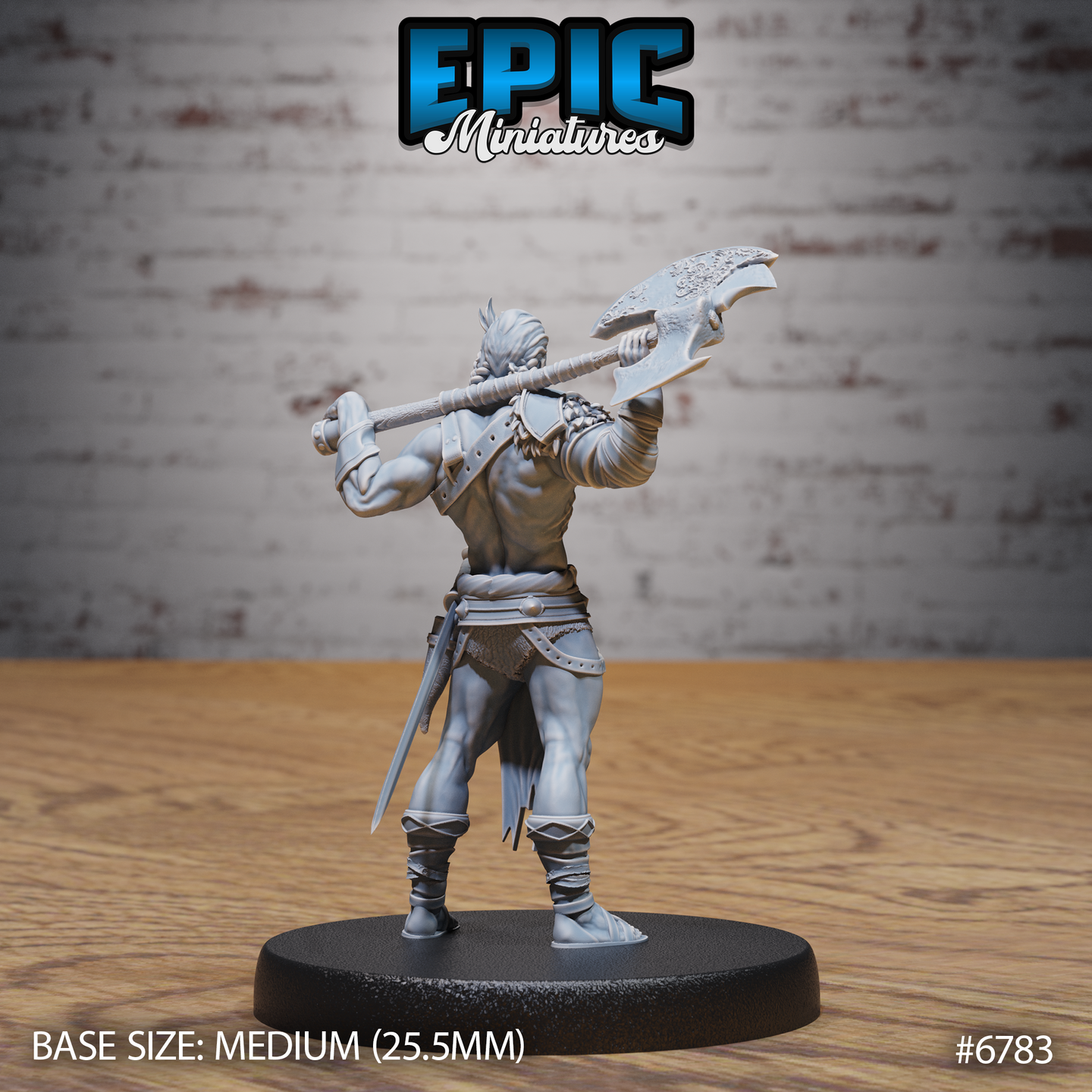 Rear view of the same unpainted grey resin barbarian miniature showing the battle-axe held across the back, detailed leather belt with studded trim, short blade tucked into the waistband, wrapped shin guards, and muscular back sculpt. Medium 25.5mm base.
