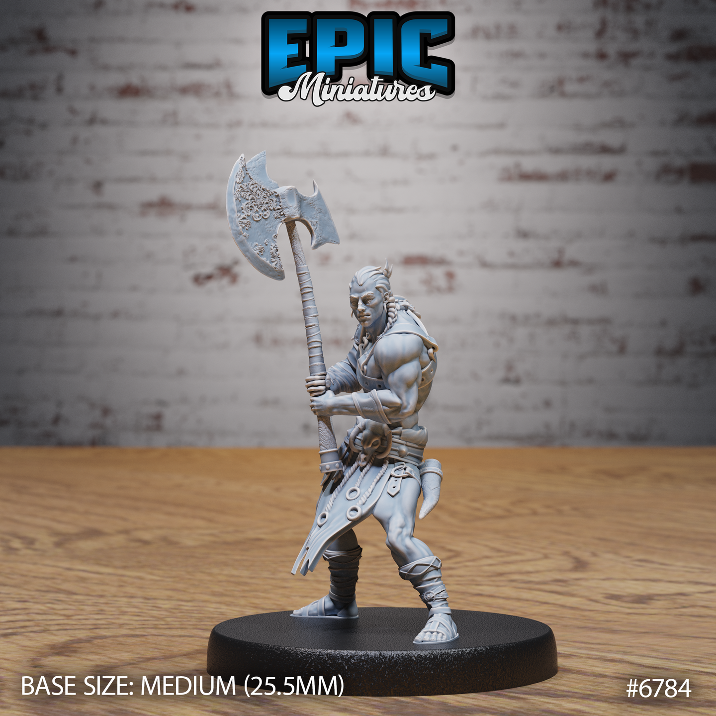 Unpainted grey resin 32mm miniature of a horned barbarian warrior in a wide combat stance, raising an ornate greataxe overhead with both hands, wearing tribal wraps and a skull-adorned belt, on a black oval base — front view