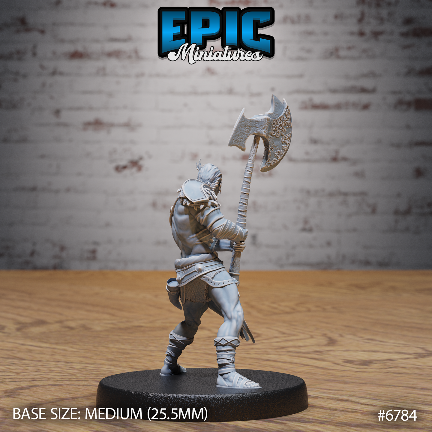 Unpainted grey resin 32mm miniature of a horned barbarian warrior photographed from the rear, showing braided hair, a single leather pauldron, and the back of the ornate greataxe raised overhead — rear view