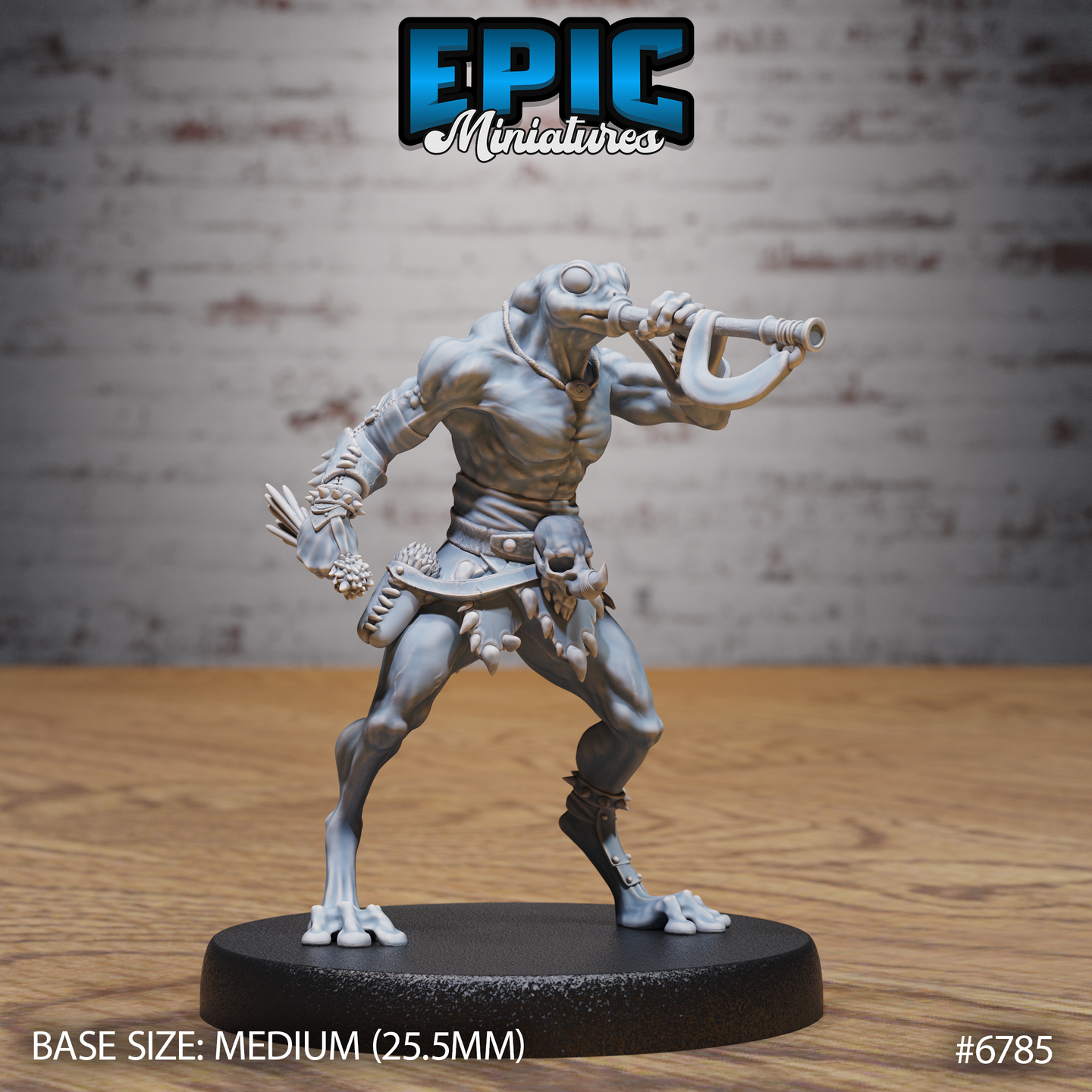 Unpainted grey resin Frog Folk Hunter miniature by Epic Miniatures — smooth-skulled variant with blowpipe raised to mouth, arrow bundle at hip, skull belt trophy, and ragged hide wrappings, on a medium 25.5mm round base, front view