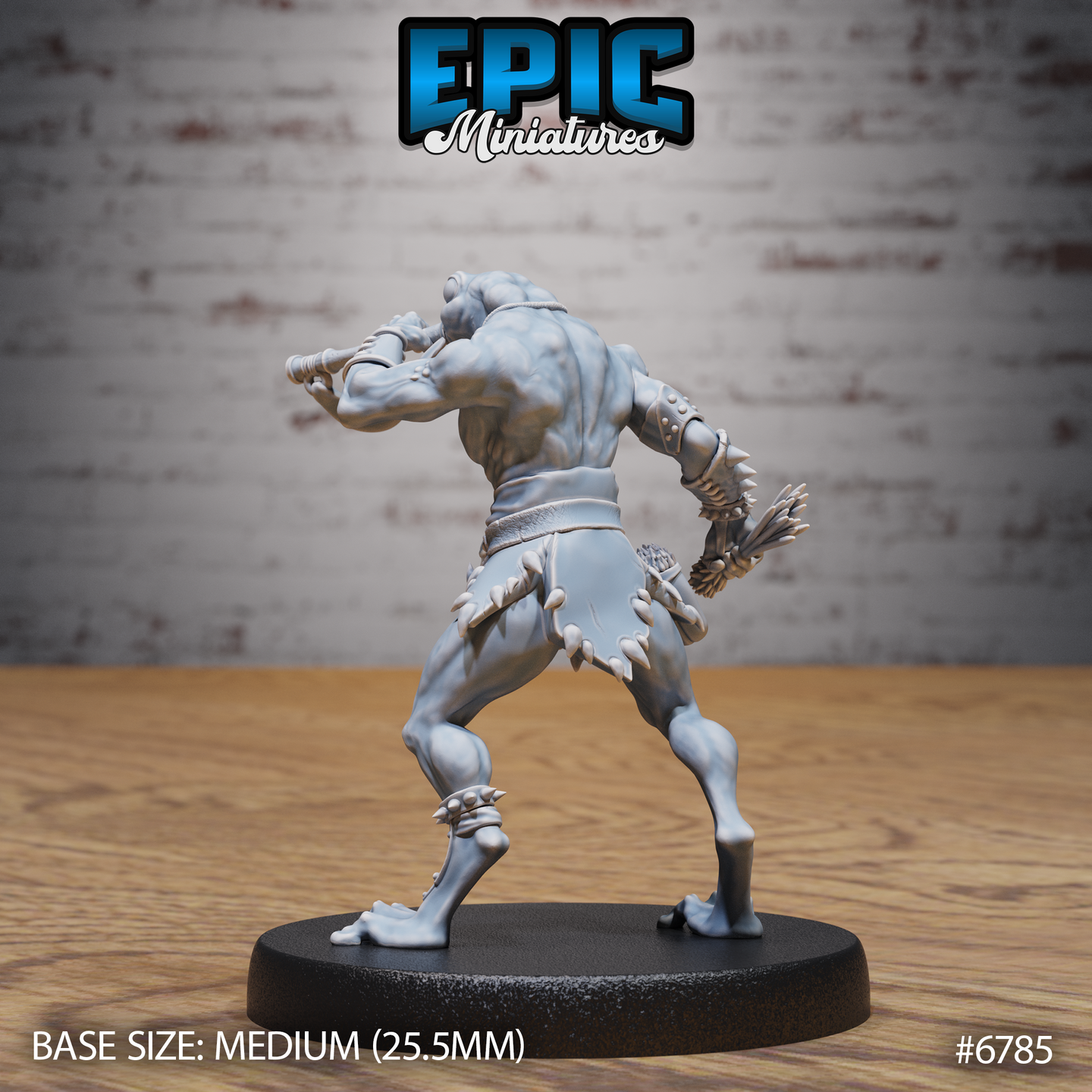 Unpainted grey resin Frog Folk Hunter miniature by Epic Miniatures — rear view of smooth-skulled variant showing muscular back, leather belt, bound arrow quiver at hip, and clawed frog feet on a medium 25.5mm round base