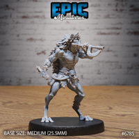 Unpainted grey resin Frog Folk Hunter miniature by Epic Miniatures — spine-maned variant with dramatic dorsal crest and broader jaw, blowpipe raised, arrow bundle and skull trophy at belt, front three-quarter view on a medium 25.5mm round base