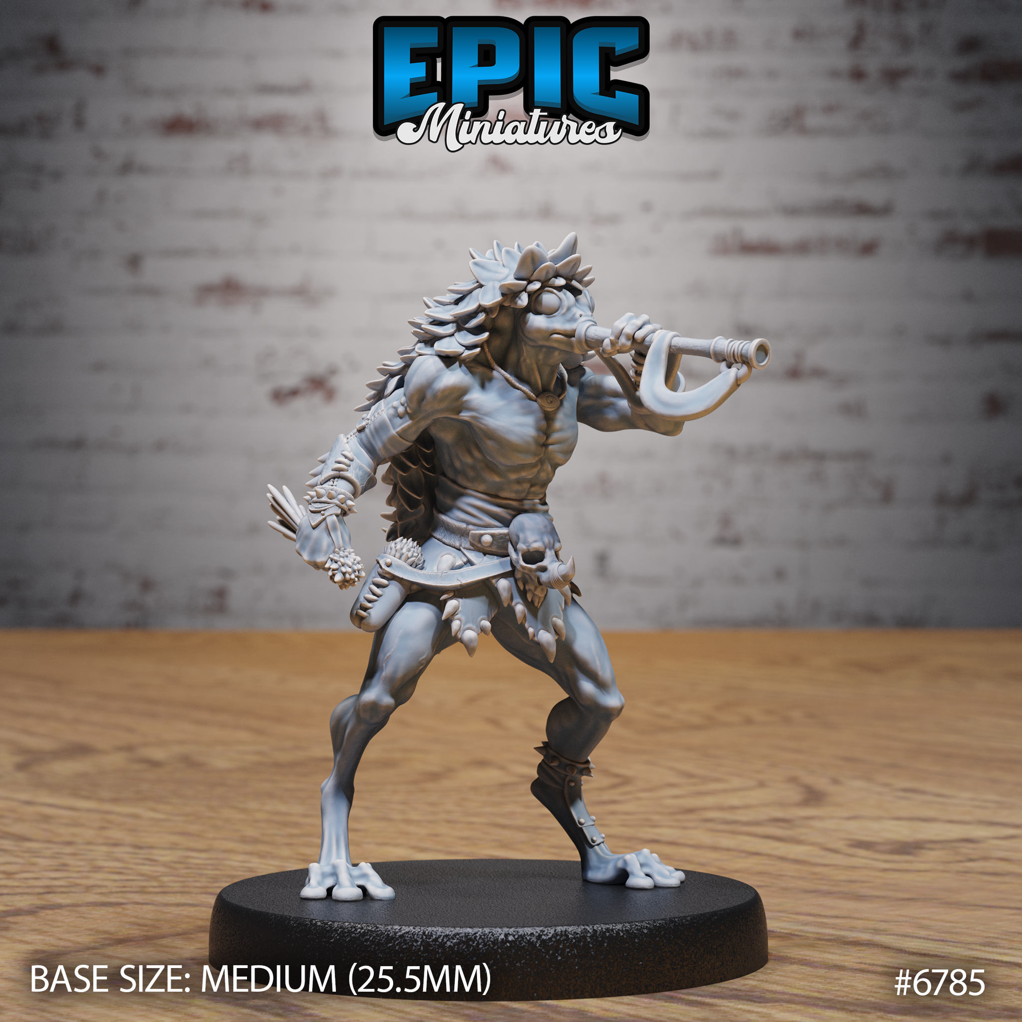 Unpainted grey resin Frog Folk Hunter miniature by Epic Miniatures — spine-maned variant with dramatic dorsal crest and broader jaw, blowpipe raised, arrow bundle and skull trophy at belt, front three-quarter view on a medium 25.5mm round base