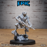 Front view of an unpainted grey resin Frog Folk Hunter miniature by Epic Miniatures — a lean frog-kin warrior posed mid-stride on a rocky base, holding a bone-bound crossbow levelled forward, with smooth skull, wide webbed feet, and ragged arm wrappings