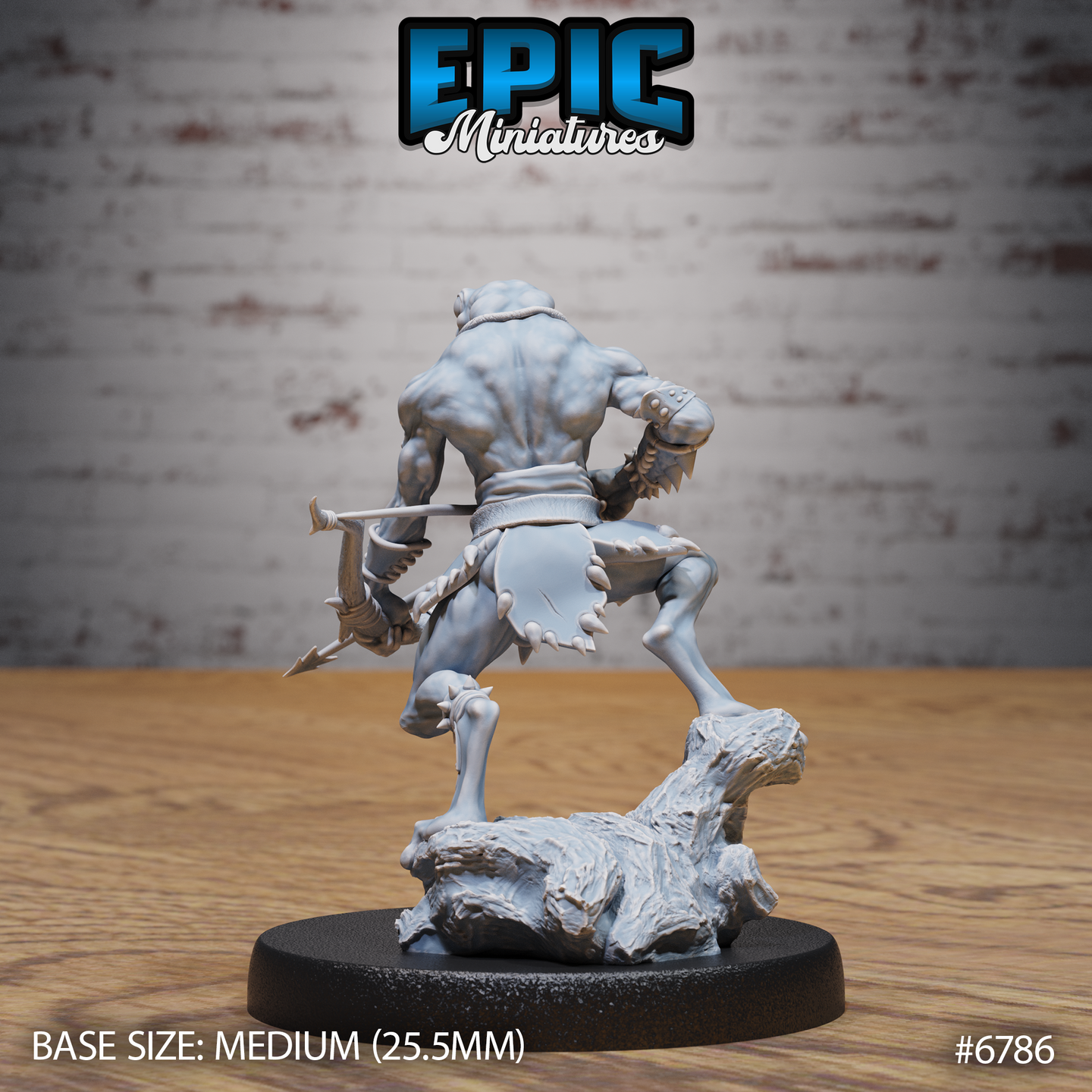 Rear view of the same unpainted grey resin Frog Folk Hunter miniature, showing the muscular back, ragged loincloth, webbed feet, and bone crossbow held across the lower back, mounted on a sculpted rocky base