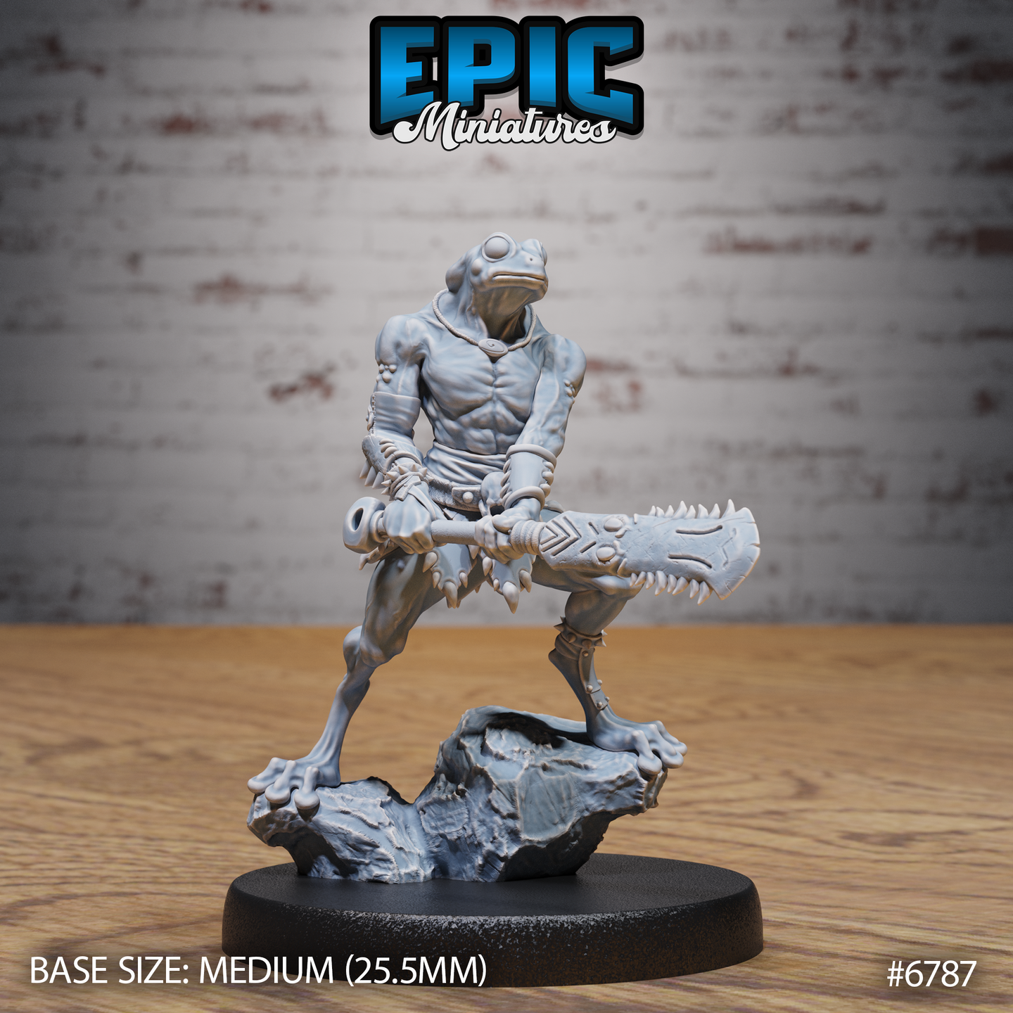 Front view of an unpainted grey resin Frog Folk Hunter miniature — bare-skulled amphibian warrior posed mid-strike on a rocky base, wielding a large serrated bone club with tribal engravings, 32mm scale by Epic Miniatures