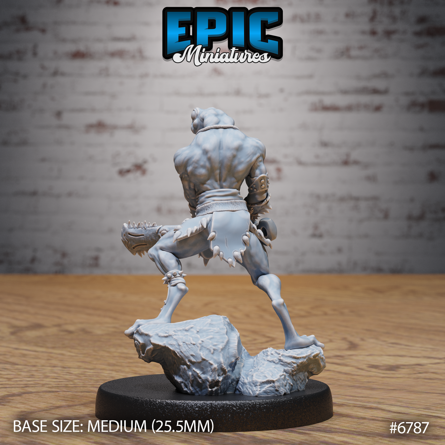 Rear view of the unpainted grey resin Frog Folk Hunter miniature showing muscular back detail, splayed webbed feet, studded belt, and the serrated club weapon, 32mm scale by Epic Miniatures