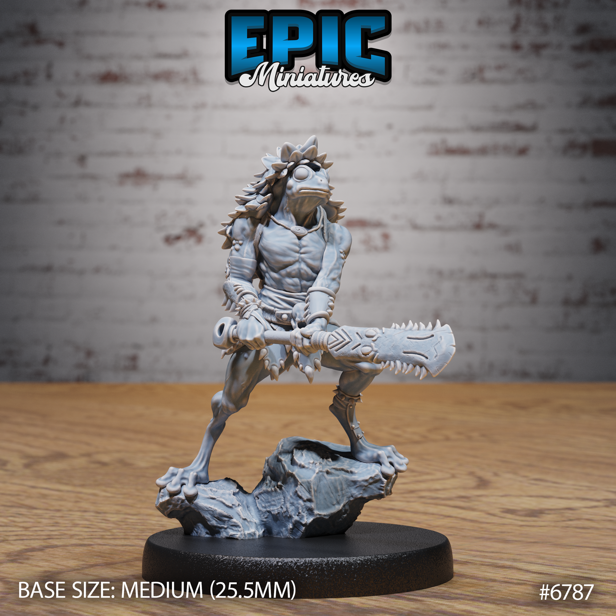 Front view of the Frog Folk Hunter alternative head variant — same mid-strike pose and serrated bone club but with a dramatic swept-back quill mane framing the amphibian face, unpainted grey resin, 32mm scale by Epic Miniatures