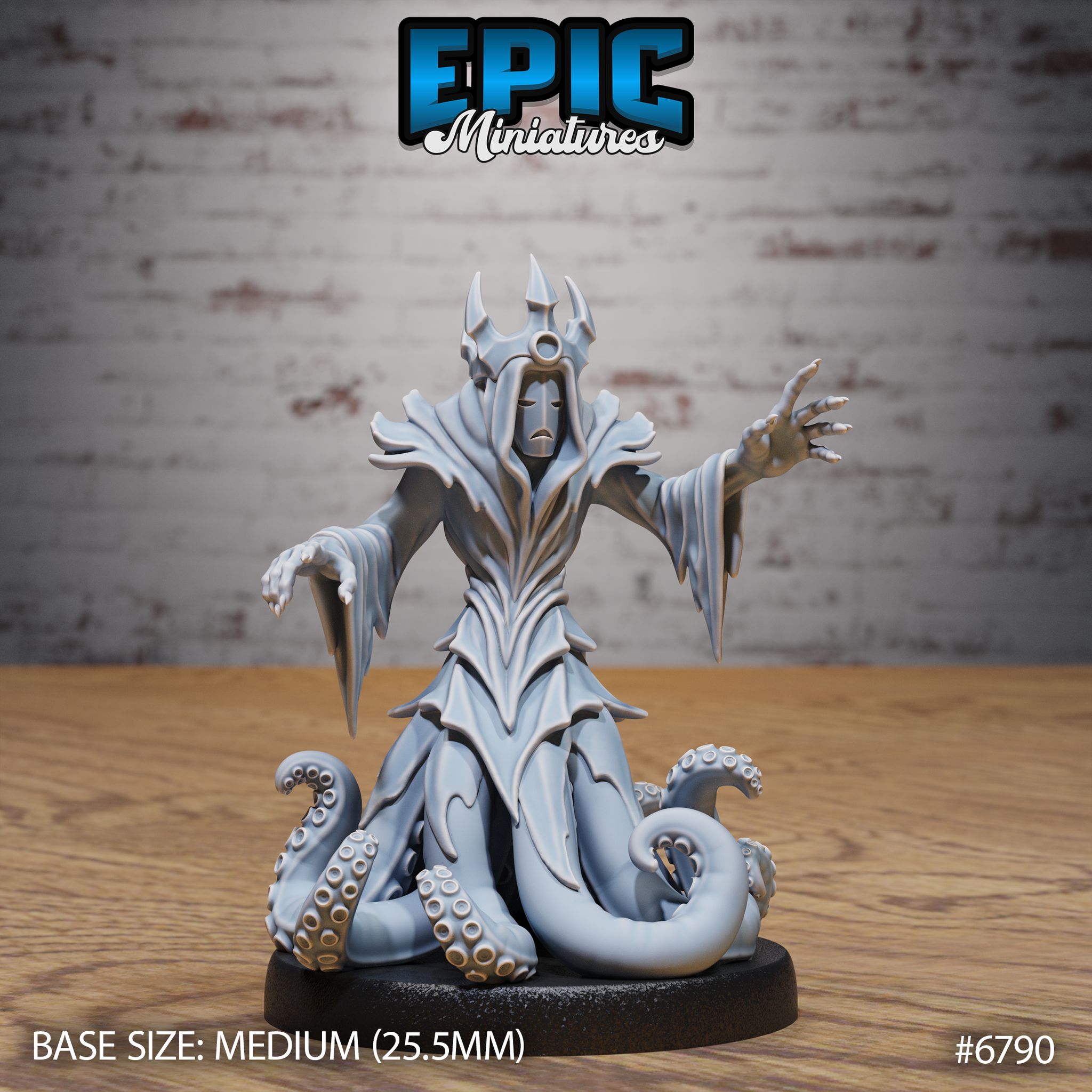 Hastur Yellow King Avatar by Epic Miniatures — robed figure with swept horns and a featureless face, arms outstretched with clawed hands, rising from a coiling mass of tentacles on a decorative base.