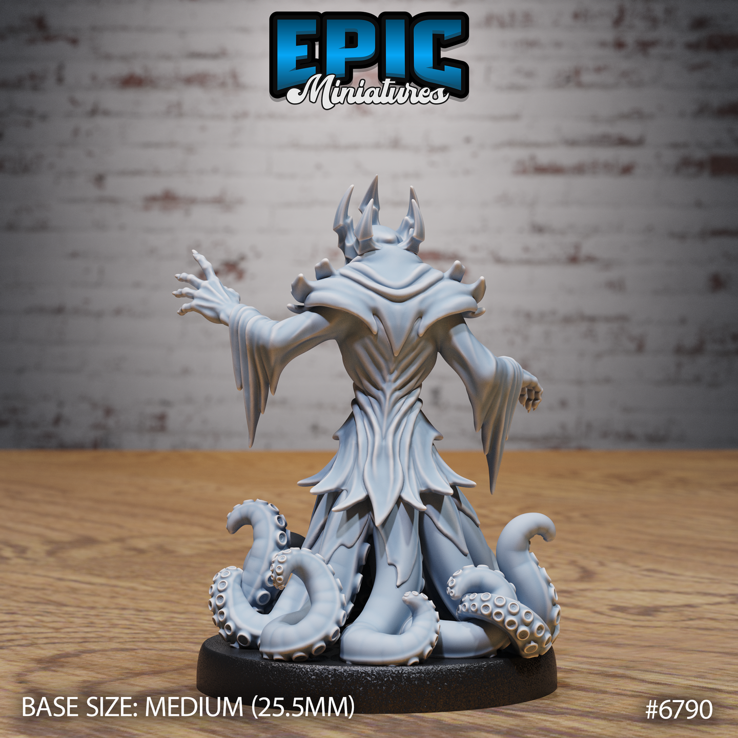 Hastur Yellow King Avatar by Epic Miniatures — rear view showing sharply layered robes with carved eldritch detail across the back, swept horns, one hand raised with splayed claws, tentacles curling around the base.