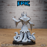 Hastur Yellow King Avatar by Epic Miniatures — rear view showing sharply layered robes with carved eldritch detail across the back, swept horns, one hand raised with splayed claws, tentacles curling around the base.
