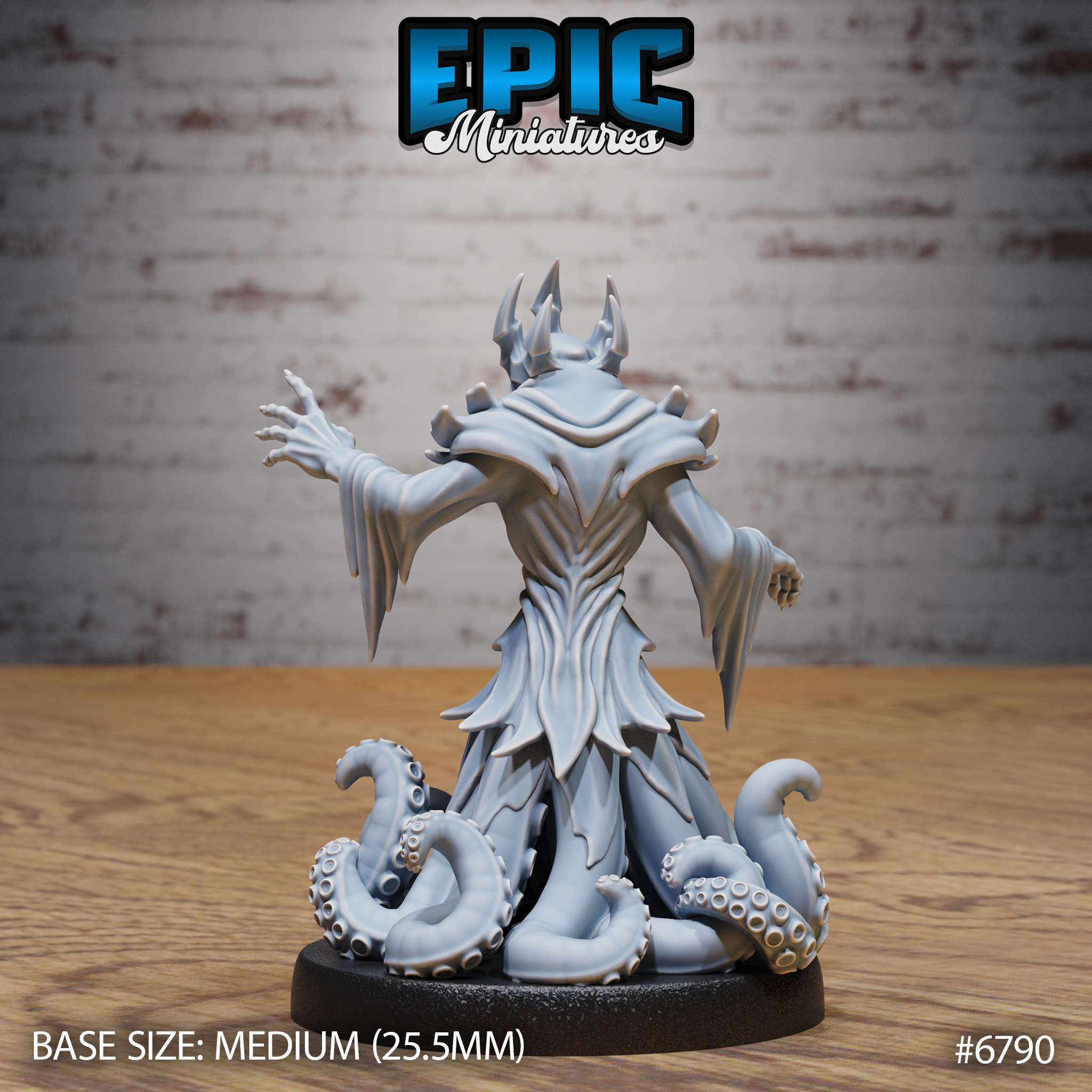 Hastur Yellow King Avatar by Epic Miniatures — rear view showing sharply layered robes with carved eldritch detail across the back, swept horns, one hand raised with splayed claws, tentacles curling around the base.