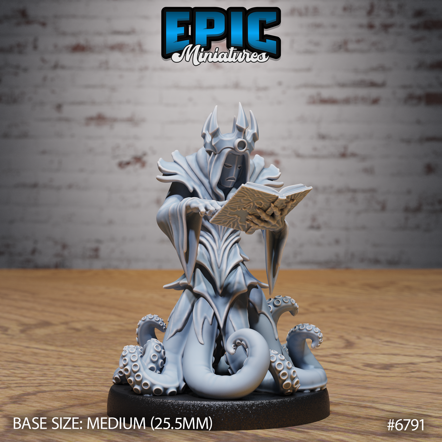 Robed, masked entity seated upright, holding an open tome with carved organic patterns, a single clawed hand extended. Tentacles spread across the base. Horned headdress above a blank sorrowful mask. Sculpt by Epic Miniatures.