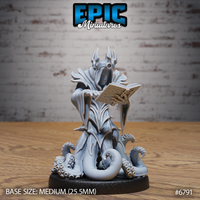 Robed, masked entity seated upright, holding an open tome with carved organic patterns, a single clawed hand extended. Tentacles spread across the base. Horned headdress above a blank sorrowful mask. Sculpt by Epic Miniatures.