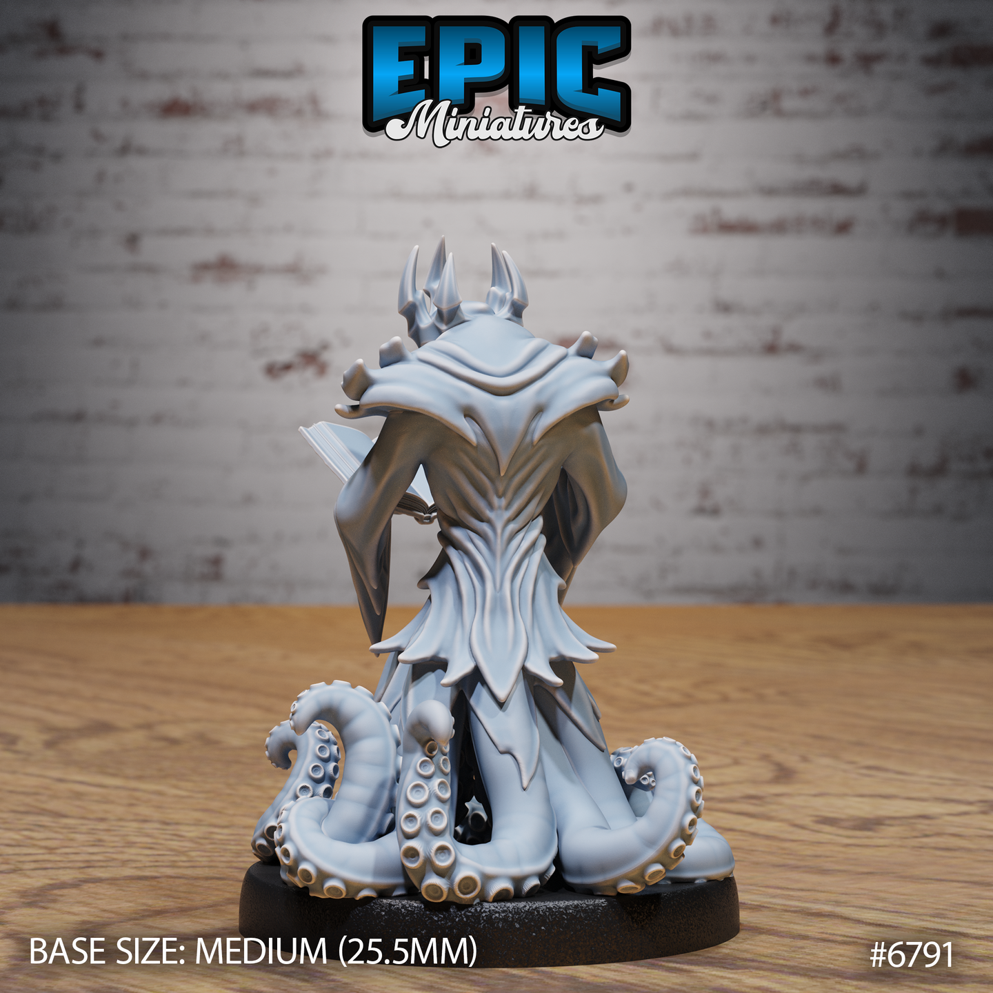 Rear view of a robed entity with angular geometric designs etched across layered vestments and a horned headdress. Thick tentacles with suckers spread across the base beneath the hem. Sculpt by Epic Miniatures.