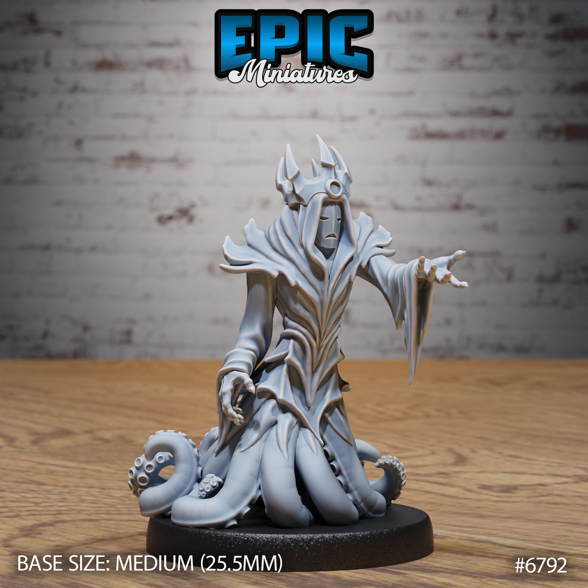 Masked robed figure with horned crown, one arm raised and fingers splayed, the lower body dissolving into coiling tentacles that spread across the base. Sculpt by Epic Miniatures.