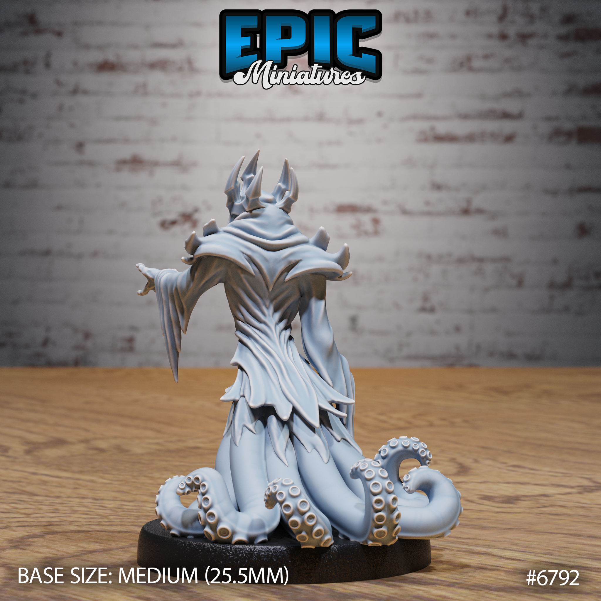 Rear view of the same robed figure showing layered blade-edged vestments with deep carved folds, horned crown, and thick tentacles coiling around the base. Sculpt by Epic Miniatures.