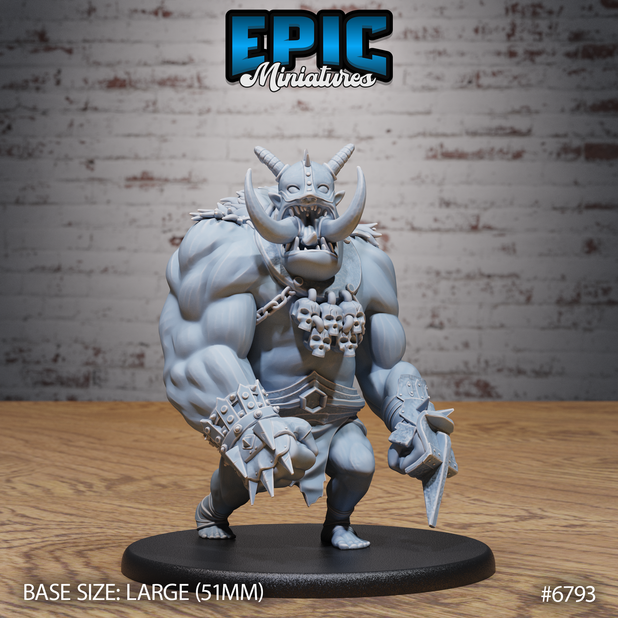 Massively built troll miniature in a forward crouch, wearing horned helmet, skull necklace, spiked forearm armour, and belted leather skirt, gripping a spiked weapon. Sculpt by Epic Miniatures.