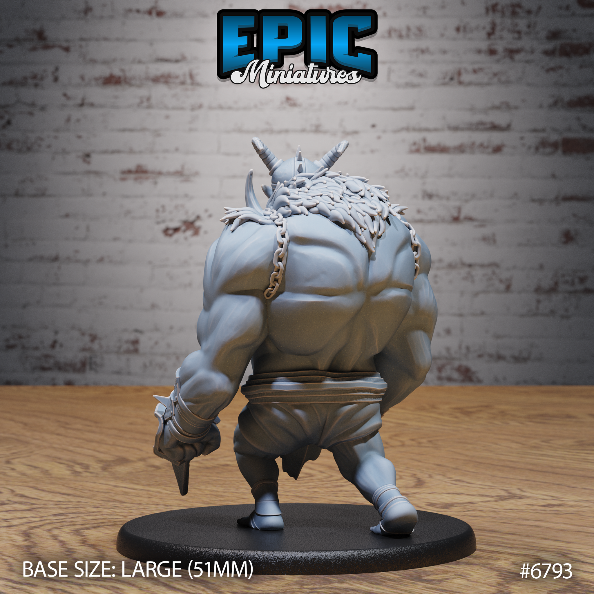 Rear view of the same troll miniature showing thick stacked muscle groups across the back, matted hair threaded with chains between the shoulder blades, and spiked knuckle weapon visible at the side. Sculpt by Epic Miniatures.