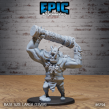 Horned chaos troll raising a massive rune-carved maul overhead with both hands, snarling face, skull necklace across bare chest, wide leather bracers, on a large round base. Sculpt by Epic Miniatures.