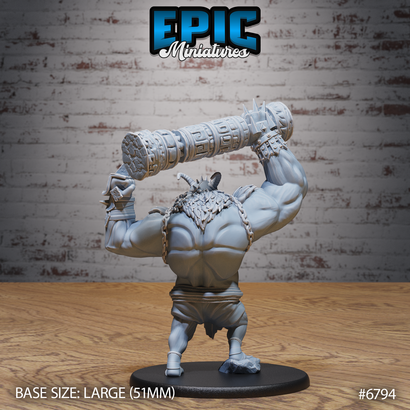 Chaos troll viewed from behind with enormous rune-carved maul raised overhead, thick layered scale-fur collar across shoulders, heavy chains across back, broad muscular torso, large round base. Sculpt by Epic Miniatures.