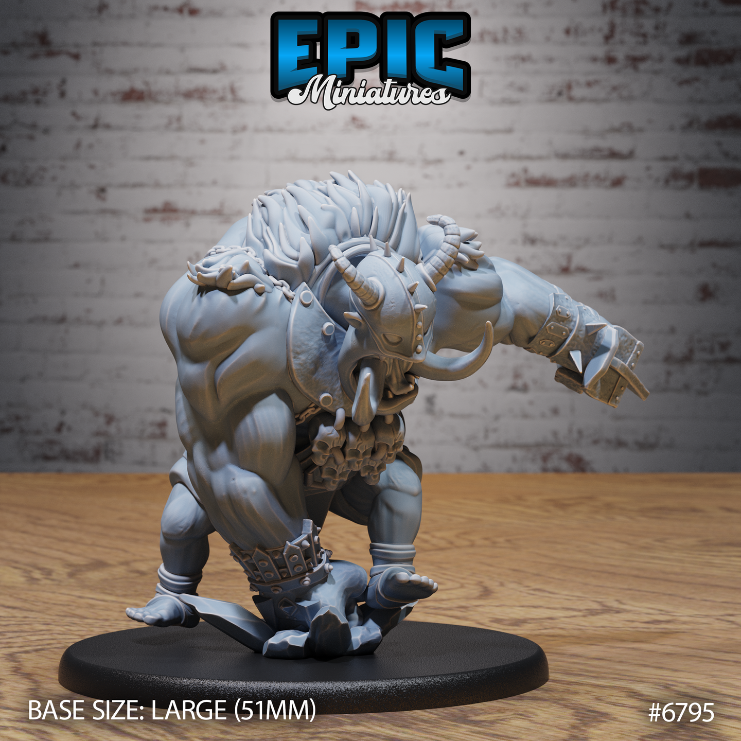 Heavily muscled chaos troll crouched low and lunging forward, tusked face snarling under wild matted hair and curved horns, wearing a skull trophy necklace, iron collar, and studded ankle cuffs, mounted on a large 51mm scenic base. Sculpt by Epic Miniatures.