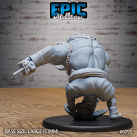Chaos troll from behind showing broad muscular back, a thick chain draped over one shoulder, wrapped wrists gripping a small spiked object, rough cloth tied at the waist, and studded ankle restraints, crouched on a scenic rubble base. Sculpt by Epic Miniatures.