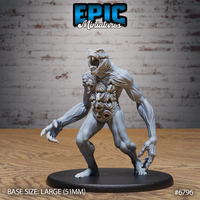 Muscular serpent-headed humanoid in a forward lunge, clawed hands reaching outward, torso covered with six snarling fanged mouths, mounted on a large oval base. Sculpt by Epic Miniatures.