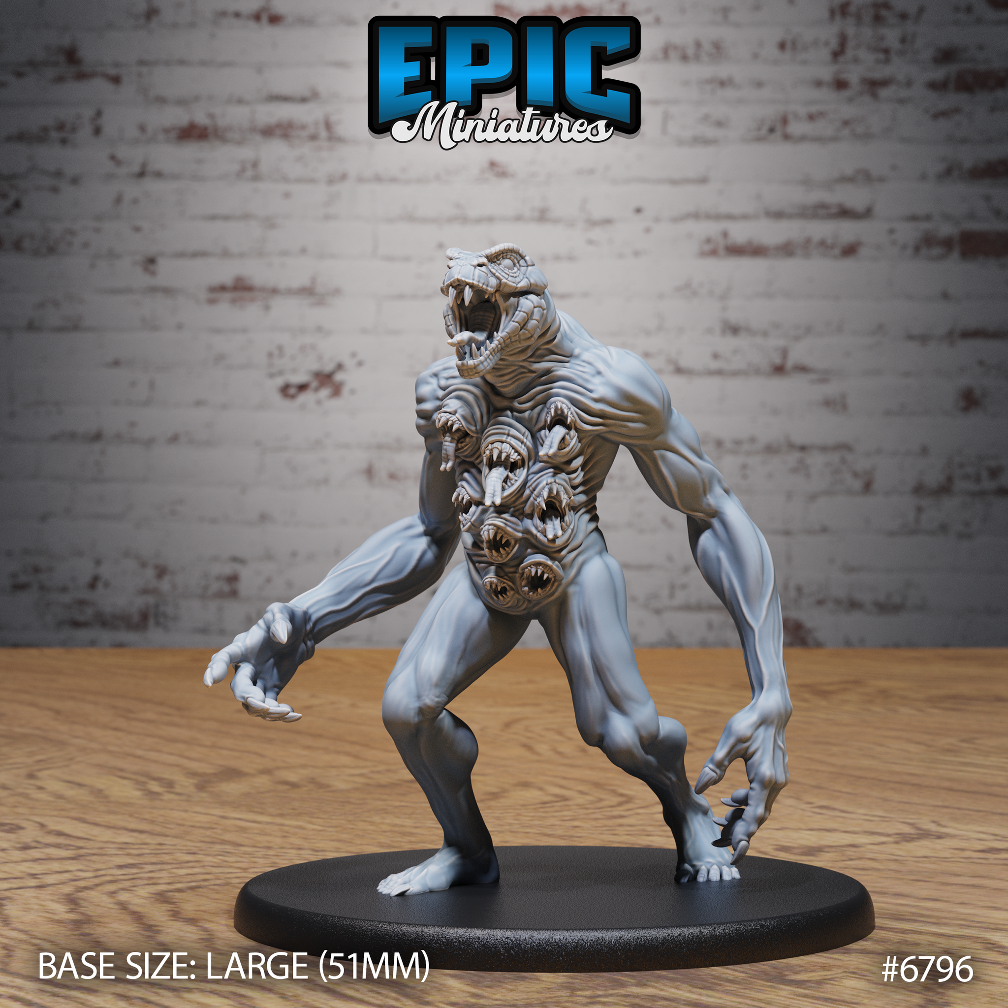 Muscular serpent-headed humanoid in a forward lunge, clawed hands reaching outward, torso covered with six snarling fanged mouths, mounted on a large oval base. Sculpt by Epic Miniatures.