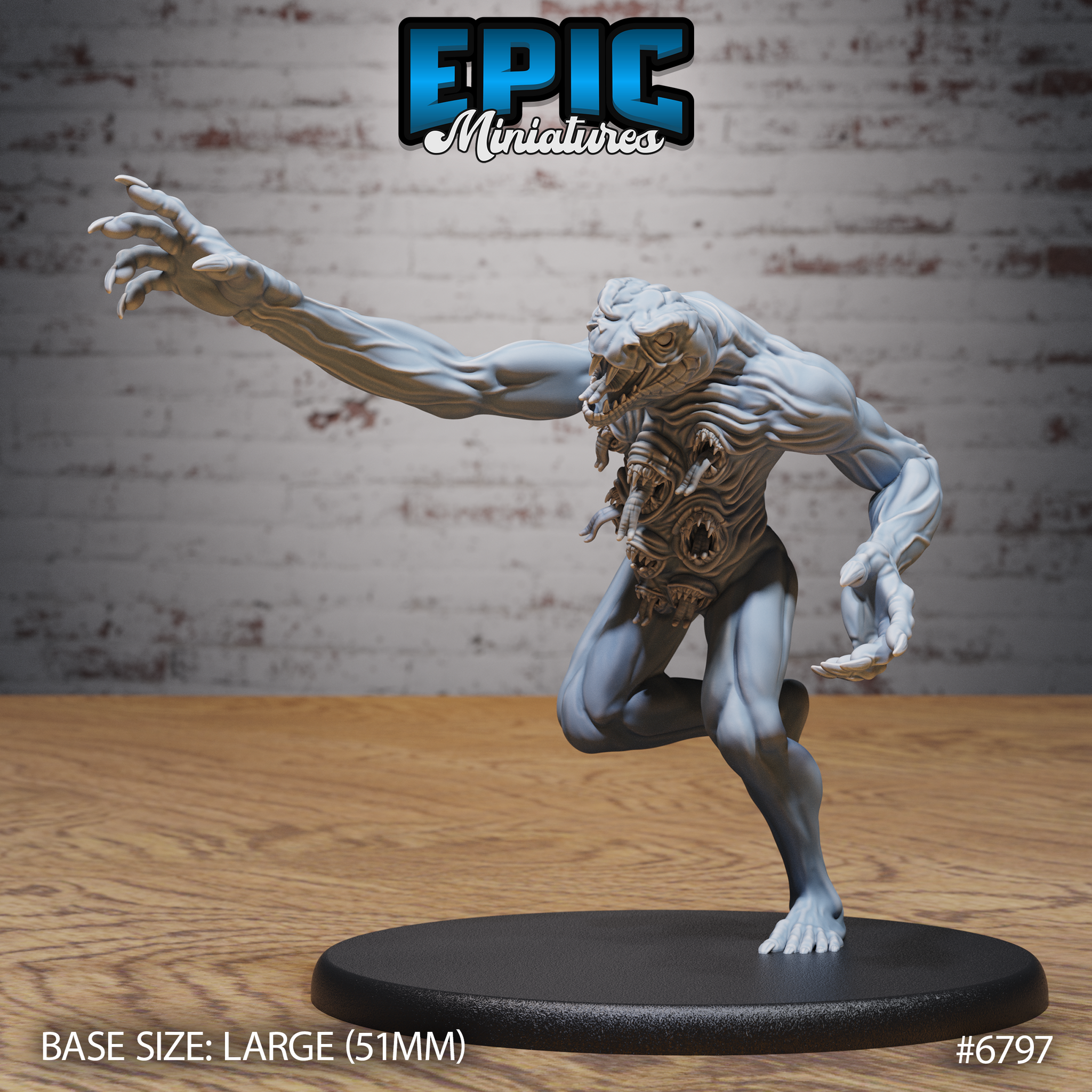 Gaunt humanoid creature lunging forward on one raised leg, one arm outstretched with long hooked claws, torso covered in concentric ring-mouthed orifices and staring eyes, skull-like face with exposed teeth, on a large oval base. Sculpt by Epic Miniatures.