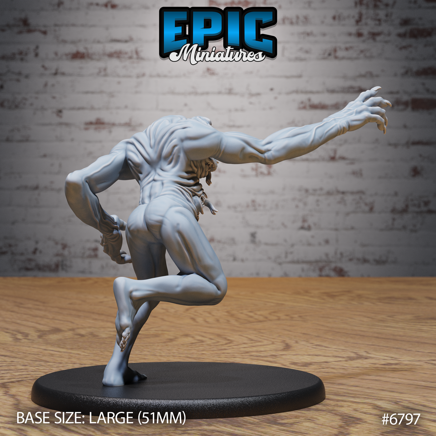 Rear view of a lean, muscular humanoid creature with one arm extended forward, tendrils or vestigial appendages hanging from the back of the neck, smooth sinuous musculature across the back and legs, mounted on a large oval base. Sculpt by Epic Miniatures.