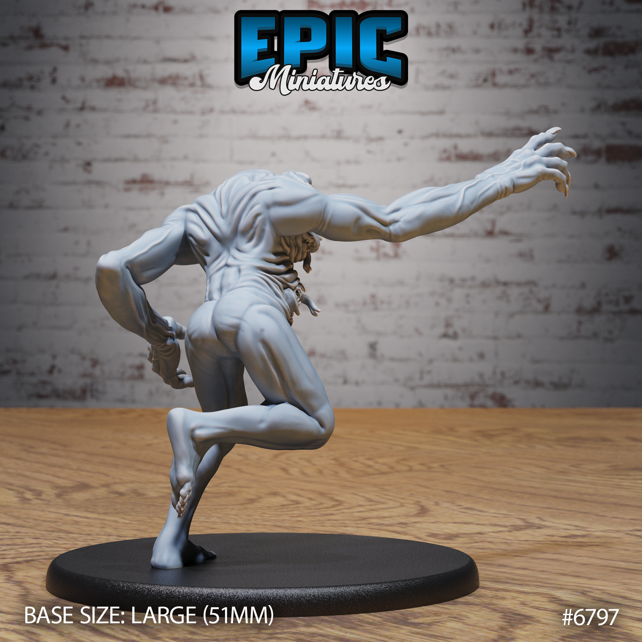 Rear view of a lean, muscular humanoid creature with one arm extended forward, tendrils or vestigial appendages hanging from the back of the neck, smooth sinuous musculature across the back and legs, mounted on a large oval base. Sculpt by Epic Miniatures.