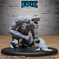 Heavily muscled reptilian creature in a low crouch, serpentine head thrown back in a wide roar exposing large fangs, one clawed hand outstretched toward the viewer, scaled cranial plating visible, on a large oval base. Sculpt by Epic Miniatures.