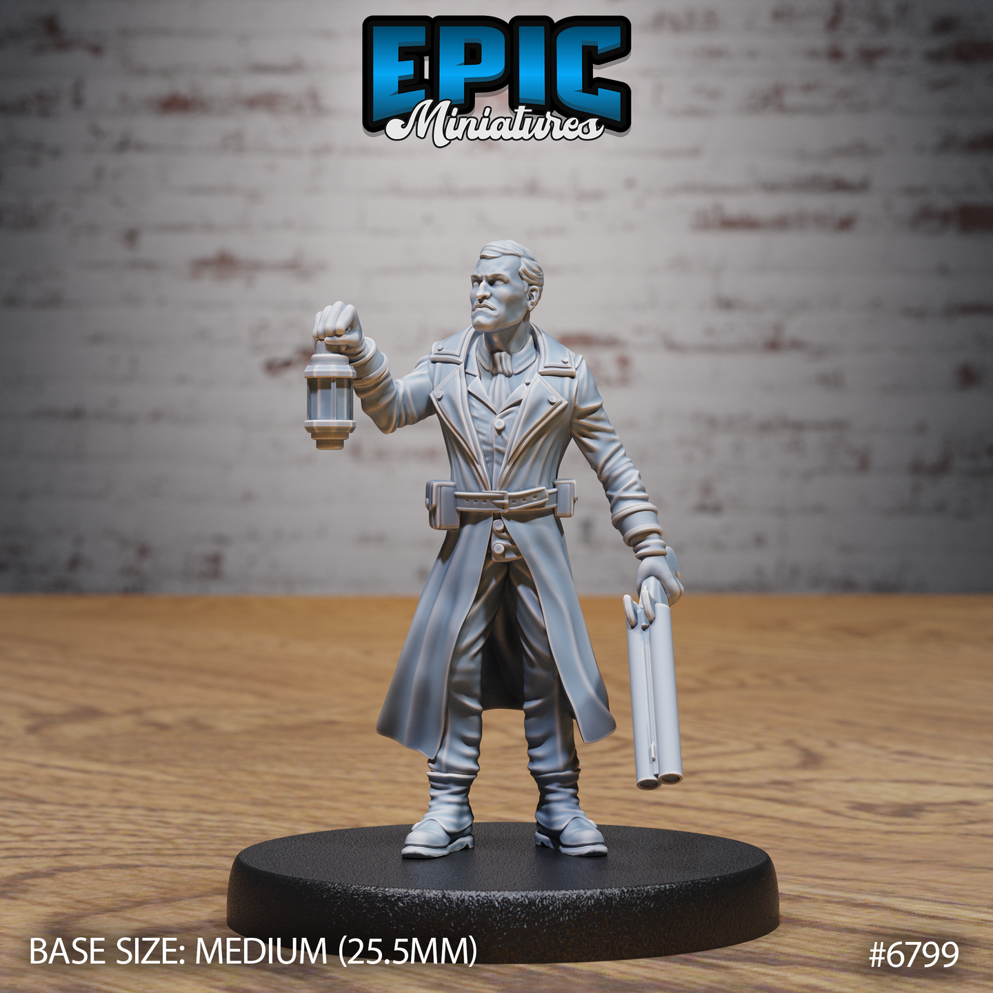 Male detective in a long duster coat, holding a lantern raised in his right hand and a double-barrel shotgun lowered in his left, jaw set, utility belt across waist. Sculpt by Epic Miniatures.