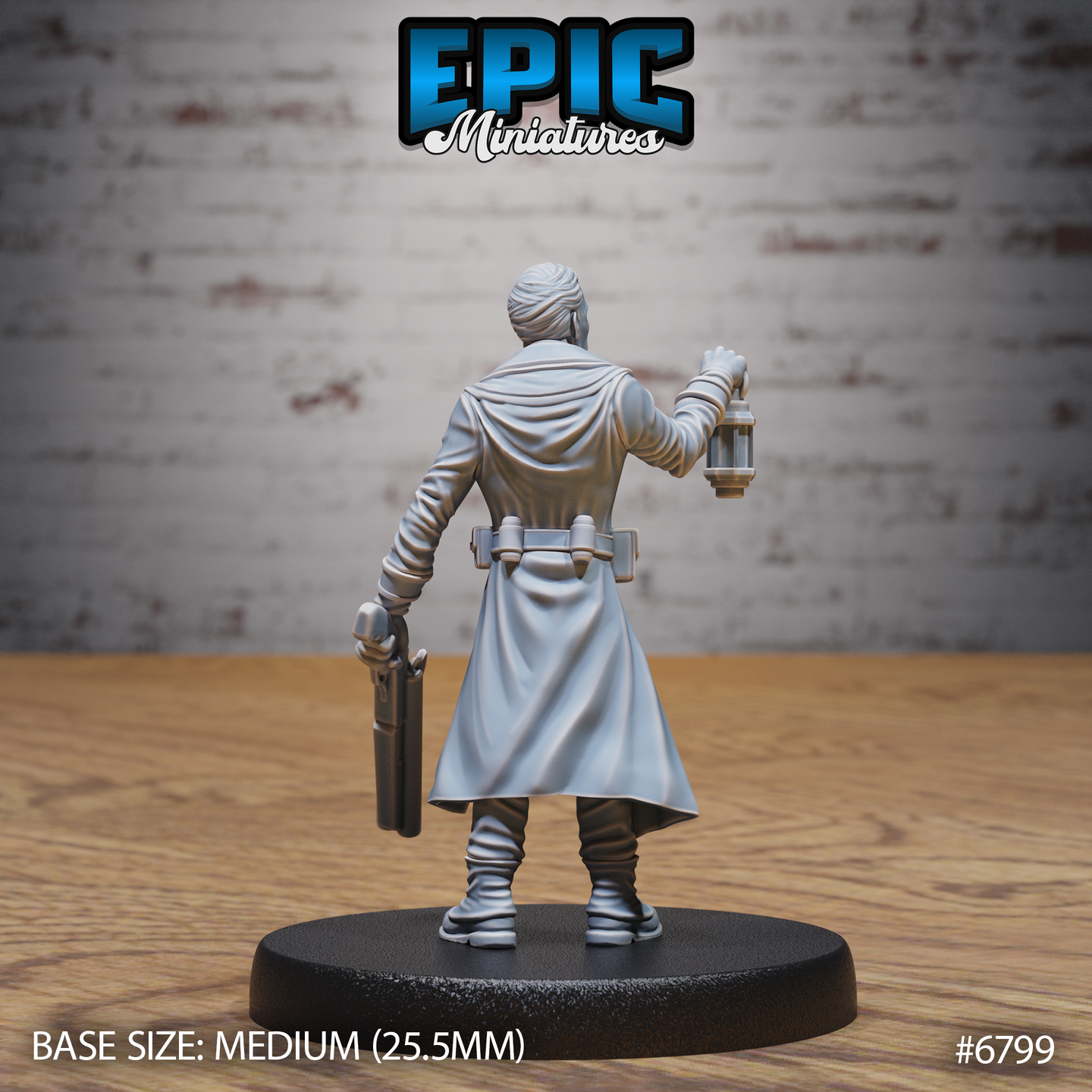 Detective in a long coat seen from behind, lantern raised in one hand and a pistol-grip shotgun held low at his side, utility belt with pouches visible across the back. Sculpt by Epic Miniatures.