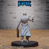 Detective in a long coat seen from behind, lantern raised in one hand and a pistol-grip shotgun held low at his side, utility belt with pouches visible across the back. Sculpt by Epic Miniatures.