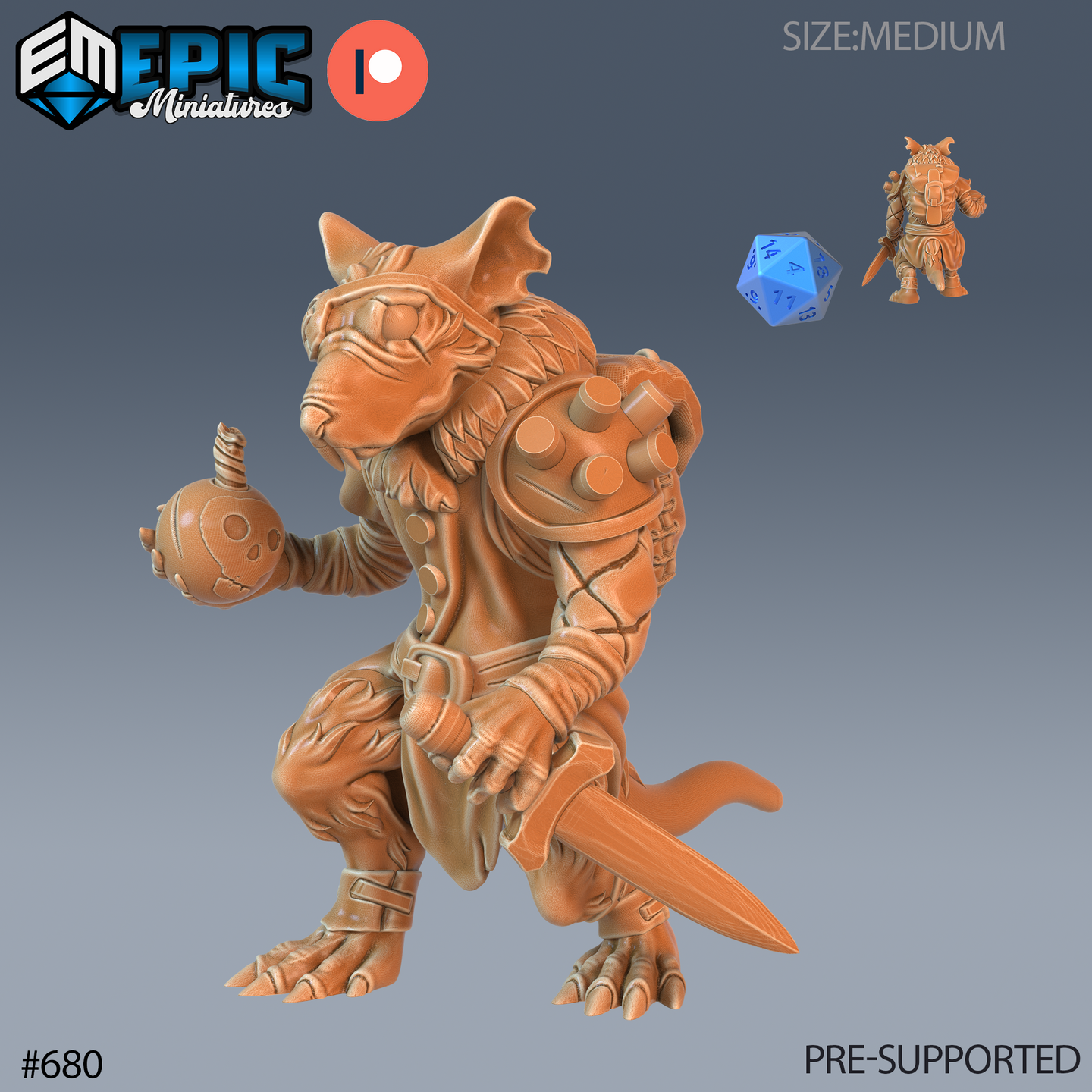 Unpainted resin miniature of a ratfolk bomber in a crouched combat stance, holding a skull bomb in one hand and a dagger in the other, with a cylindrical canister rig strapped to his back — 32mm scale D&D miniature by Epic Miniatures