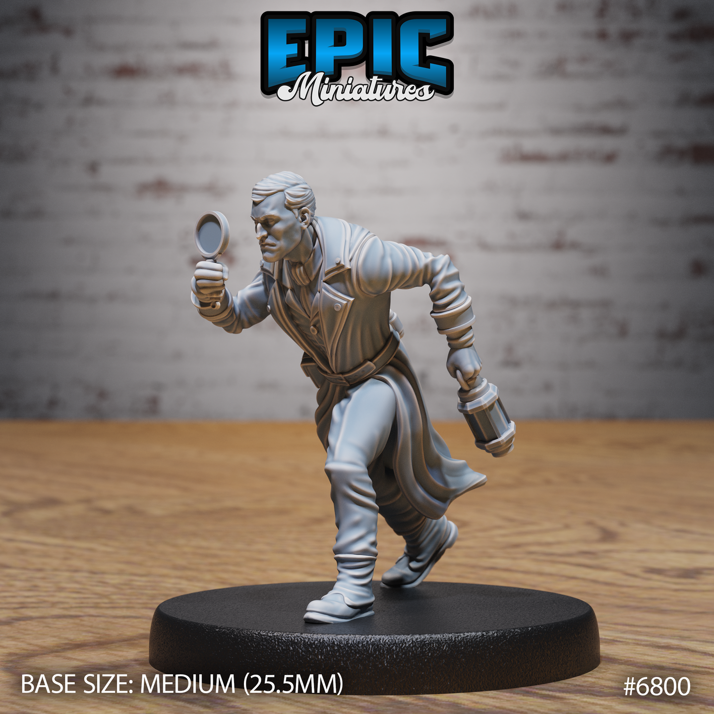 Male detective miniature leaning forward mid-stride, holding a magnifying glass aloft in one hand and a cylindrical lantern in the other, wearing a long belted coat and waistcoat. Sculpt by Epic Miniatures.