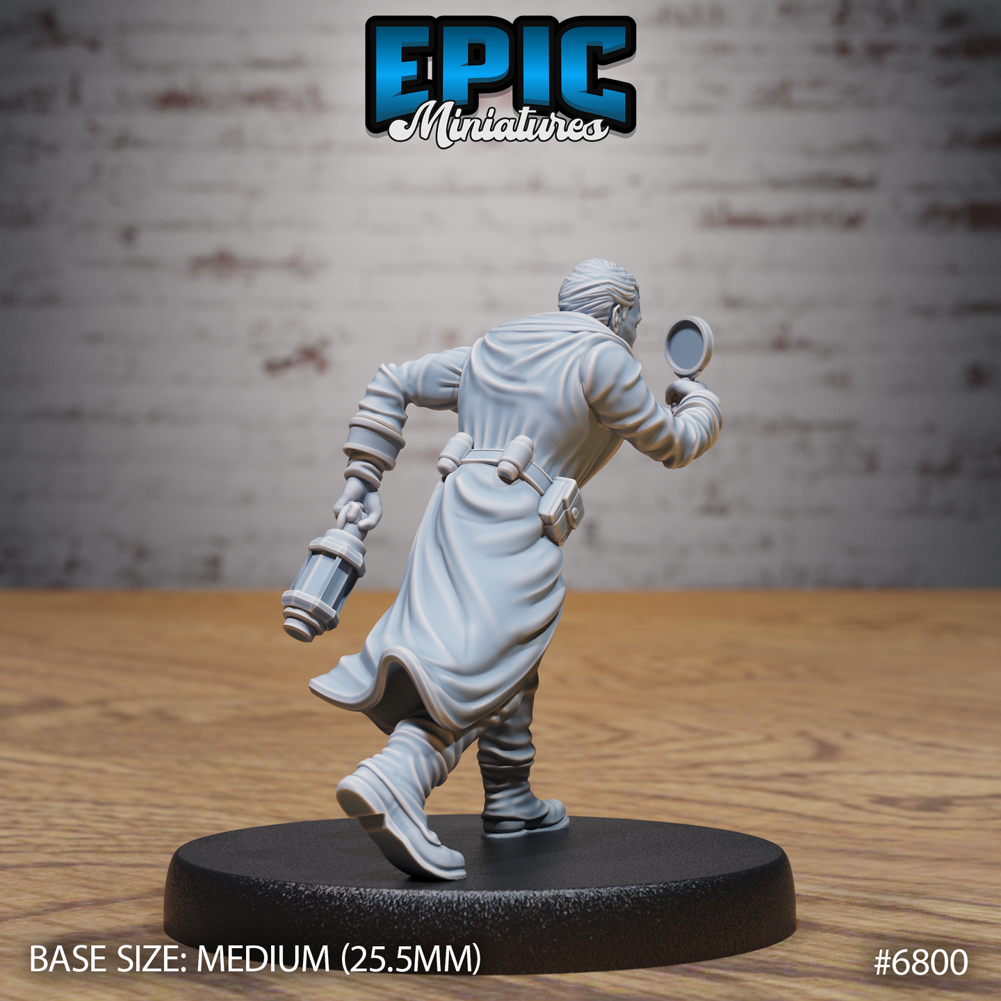 Male detective miniature seen from behind mid-stride, long coat billowing, magnifying glass raised in one hand and lantern gripped in the other, belted at the waist with gathered cuffs visible. Sculpt by Epic Miniatures.